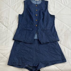 Blue Sleeveless Button-Up Top and Shorts Set